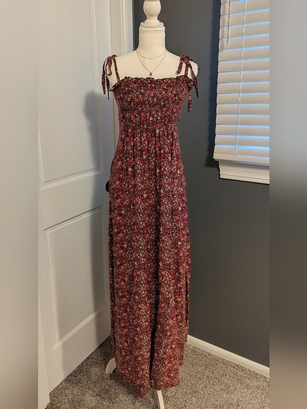 ba&sh Floral Smocked Tie-Strap Maxi Dress